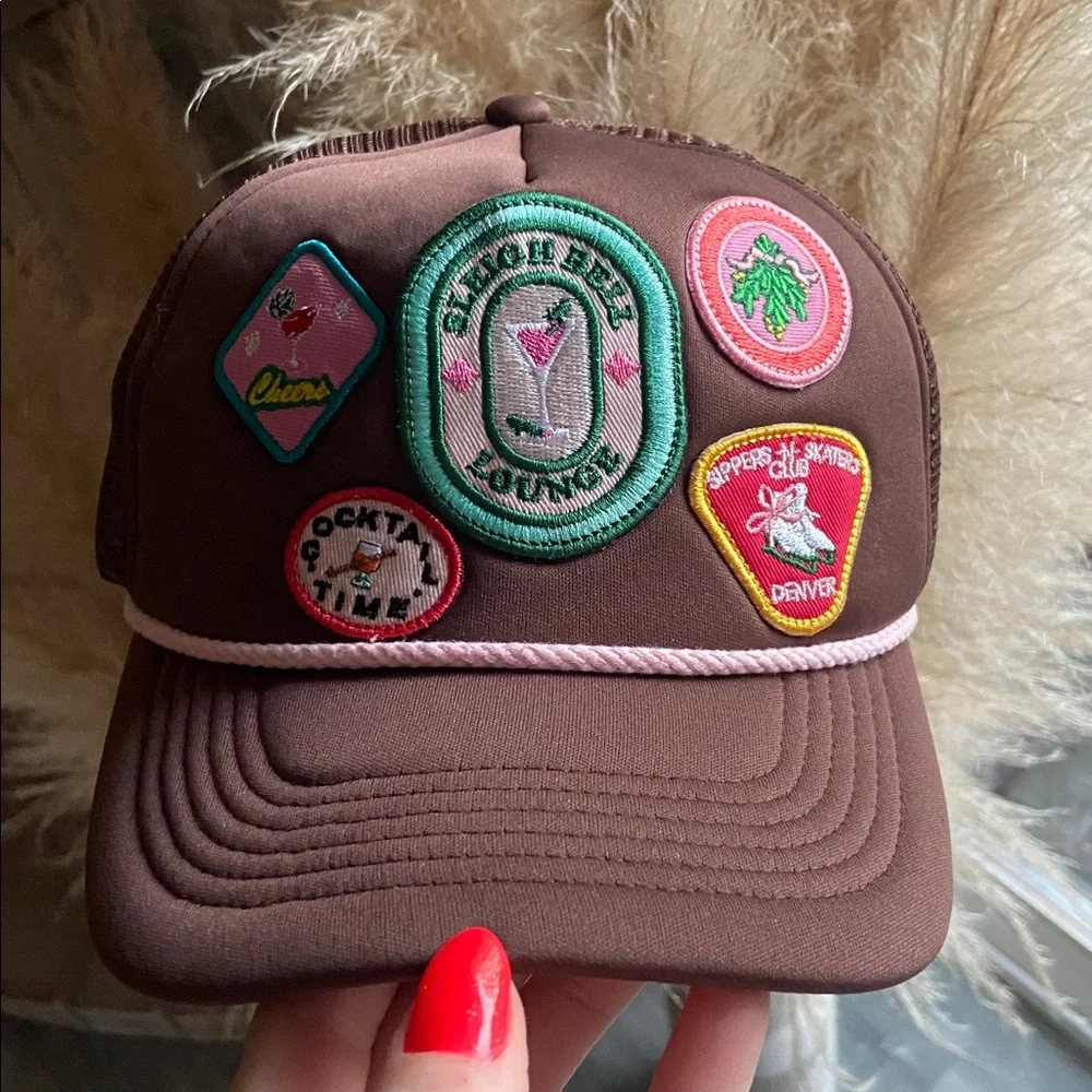 Anthropologie Christmas trucker hat embroidered patches OSFM